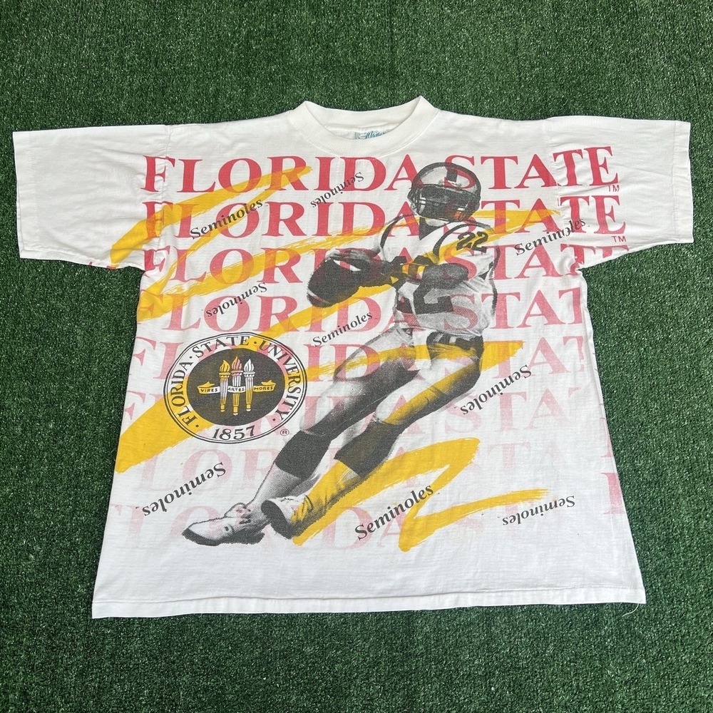 Vintage 90s Men's Florida State Seminoles‎ FSU White AOP T-Shirt XL 26.25x28.75"
